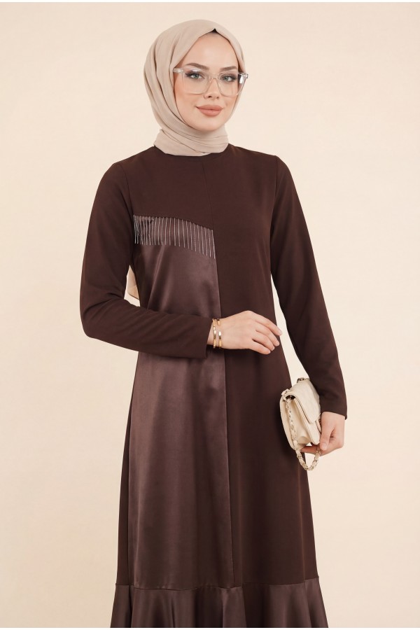Leather Detailed Metal Chain Dress  -Brown