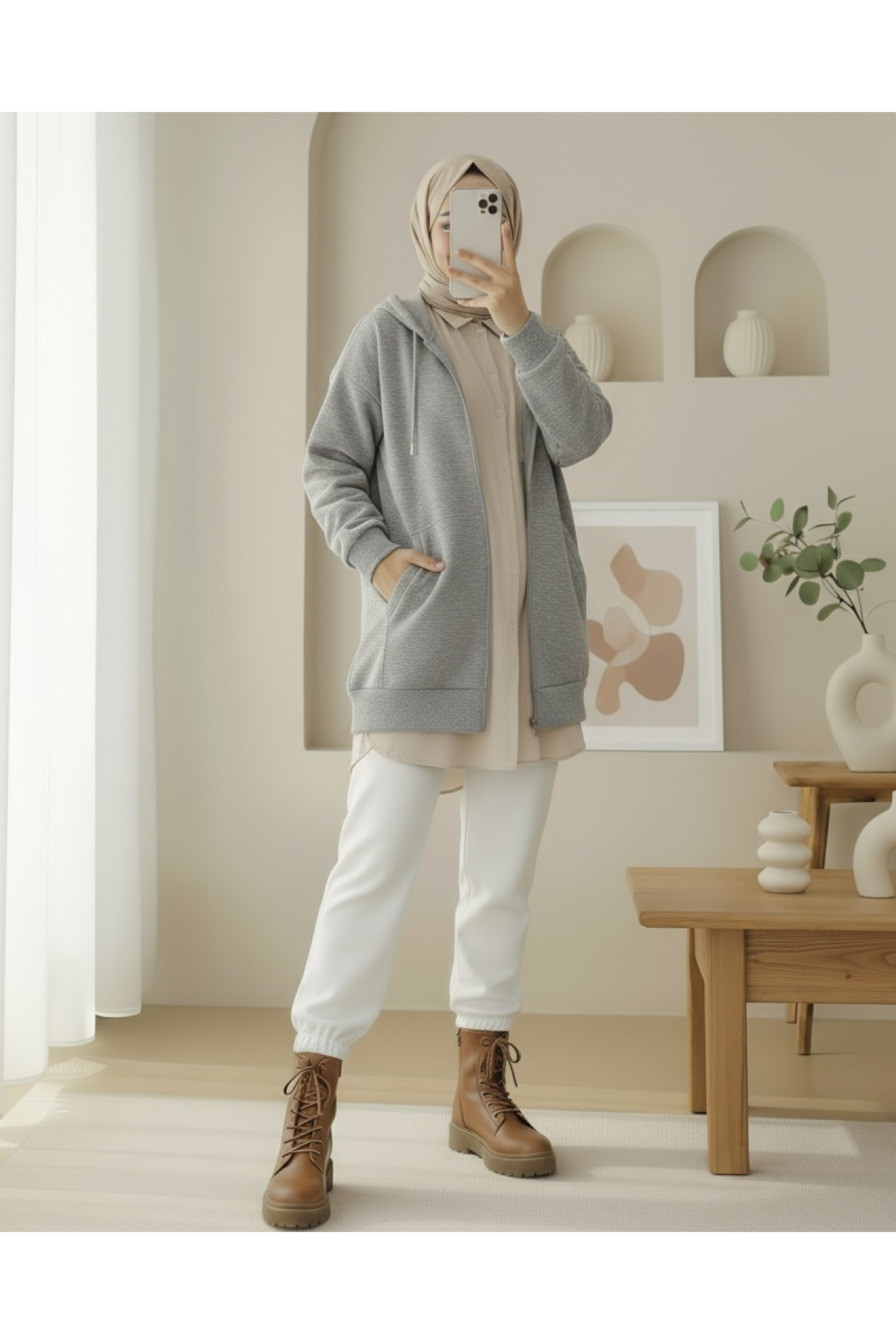 Hooded Pocket Zippered Raised Sweater -Grey