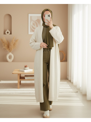 Kadın Uzun Oversize Triko Hırka 15924 - Ekru