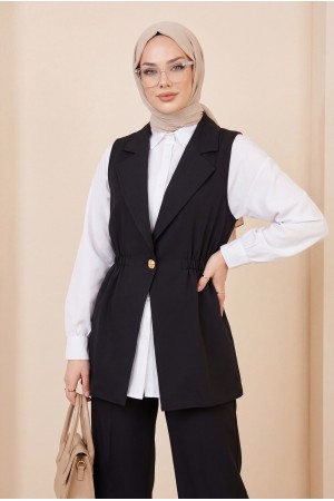 Kruvaze Yaka Beli Lastikli Yelek Pantolon Modal Takım -Siyah