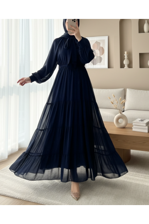 Yakası Fular Detaylı Eteği Parçalı Şifon Elbise -Laci