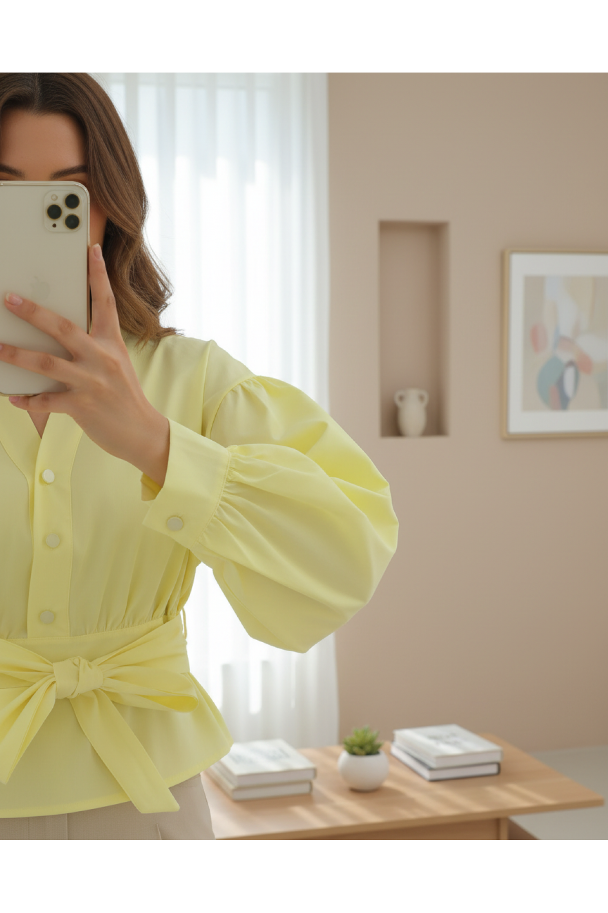 Yarım Düğmeli Beli Kuşaklı Poplin Gömlek -Açık Sarı