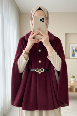 Gold Düğme Detay Kemerli Alcantara  Panço -Bordo