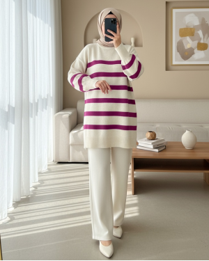 Yuvarlak Yaka Yırtmaçlı Triko Tunik -Fuşya