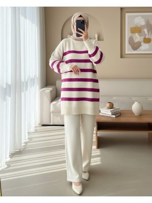 Round Neck Slit Knit Tunic -Fuchsia