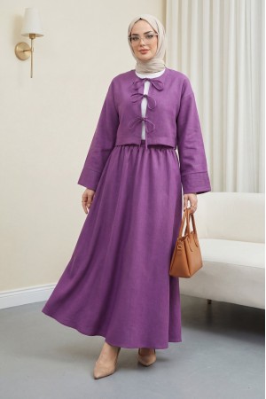 Önü Bağcıklı Beli Lastikli Etekli Keten Takım        -Mor