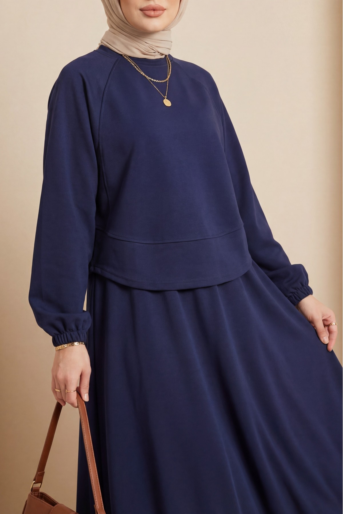 Round Neck, Batwing Sleeve, Elastic Waist Skirt Set  -Navy blue