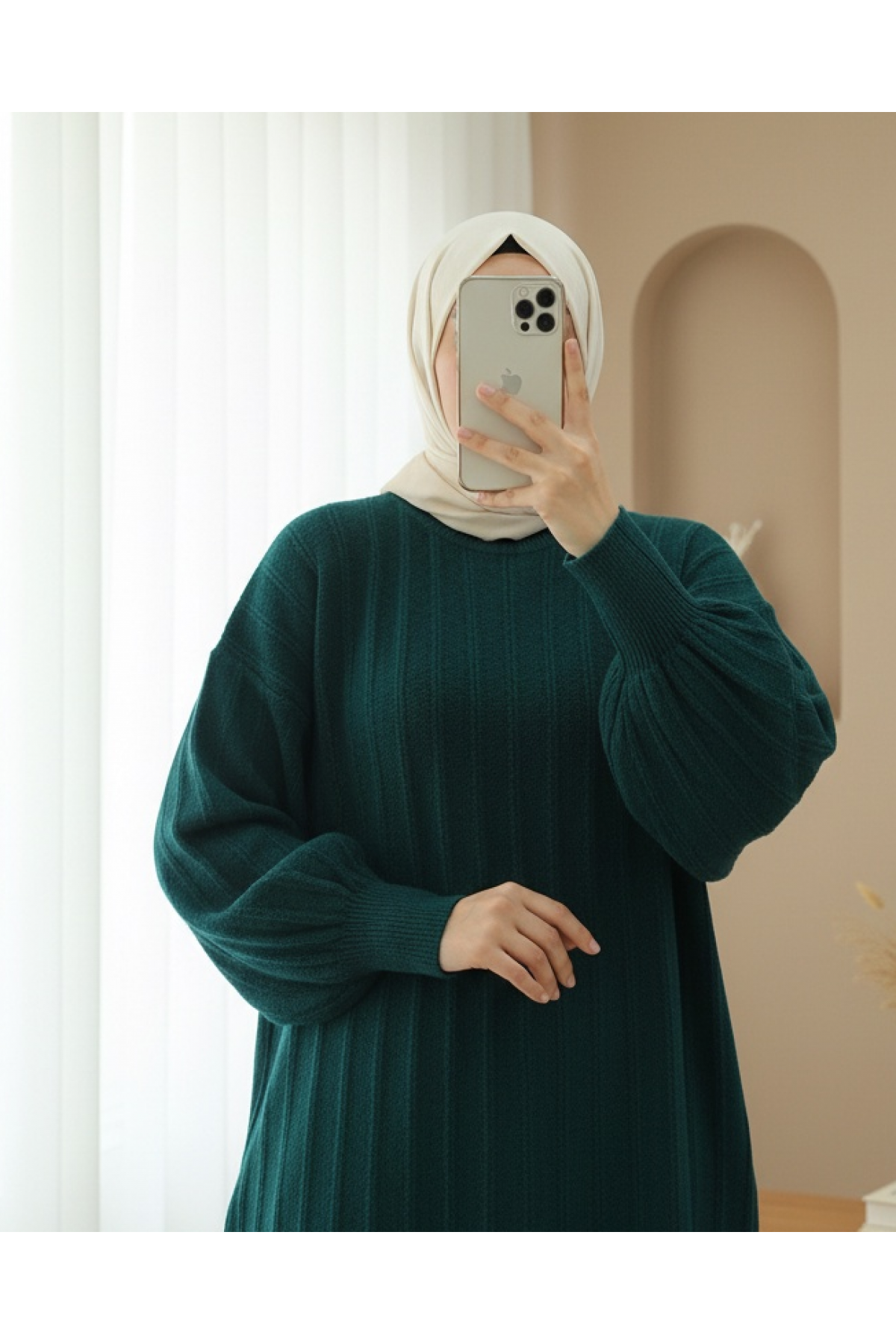Fitilli Yırtmaçlı Yumoş Triko Tunik -Zümrüt