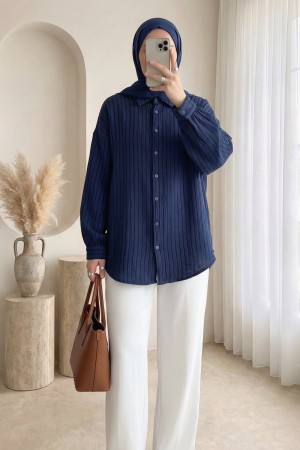 Dikiş Çizgili Arkası Uzun Salaş Müslin Gömlek  -Laci