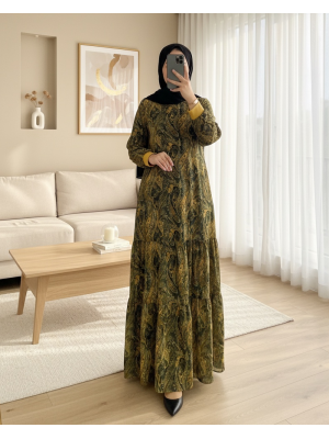 نمط العرقية تنورة قطعة اصطف فستان شيفون   -زيت أخضر