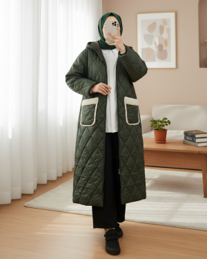 Cepli Kapşonlu Fermuarlı Astarlı Uzun Kapitone Kaban -Haki