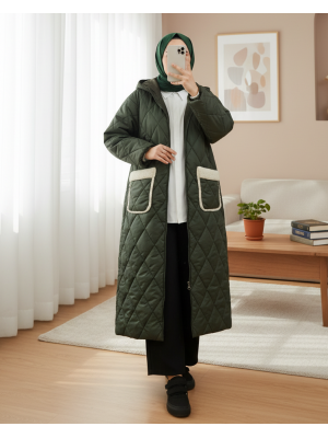 Long Quilted Coat with Pocket, Hood, Zipper and Lining -Khaki