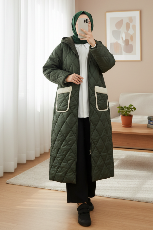 Long Quilted Coat with Pocket, Hood, Zipper and Lining -Khaki