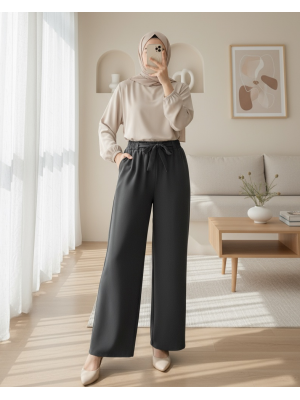 Duble Kumaş Beli Kuşaklı Bol Paça Pantolon    -Füme