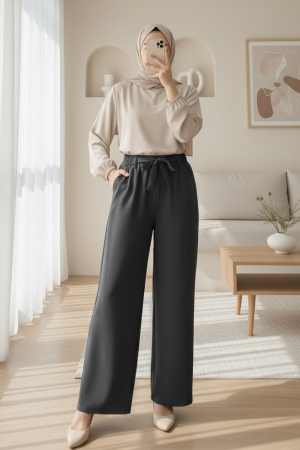 Duble Kumaş Beli Kuşaklı Bol Paça Pantolon    -Füme