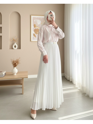 Kalın Çizgili Düğmeli Gömlek -Pudra