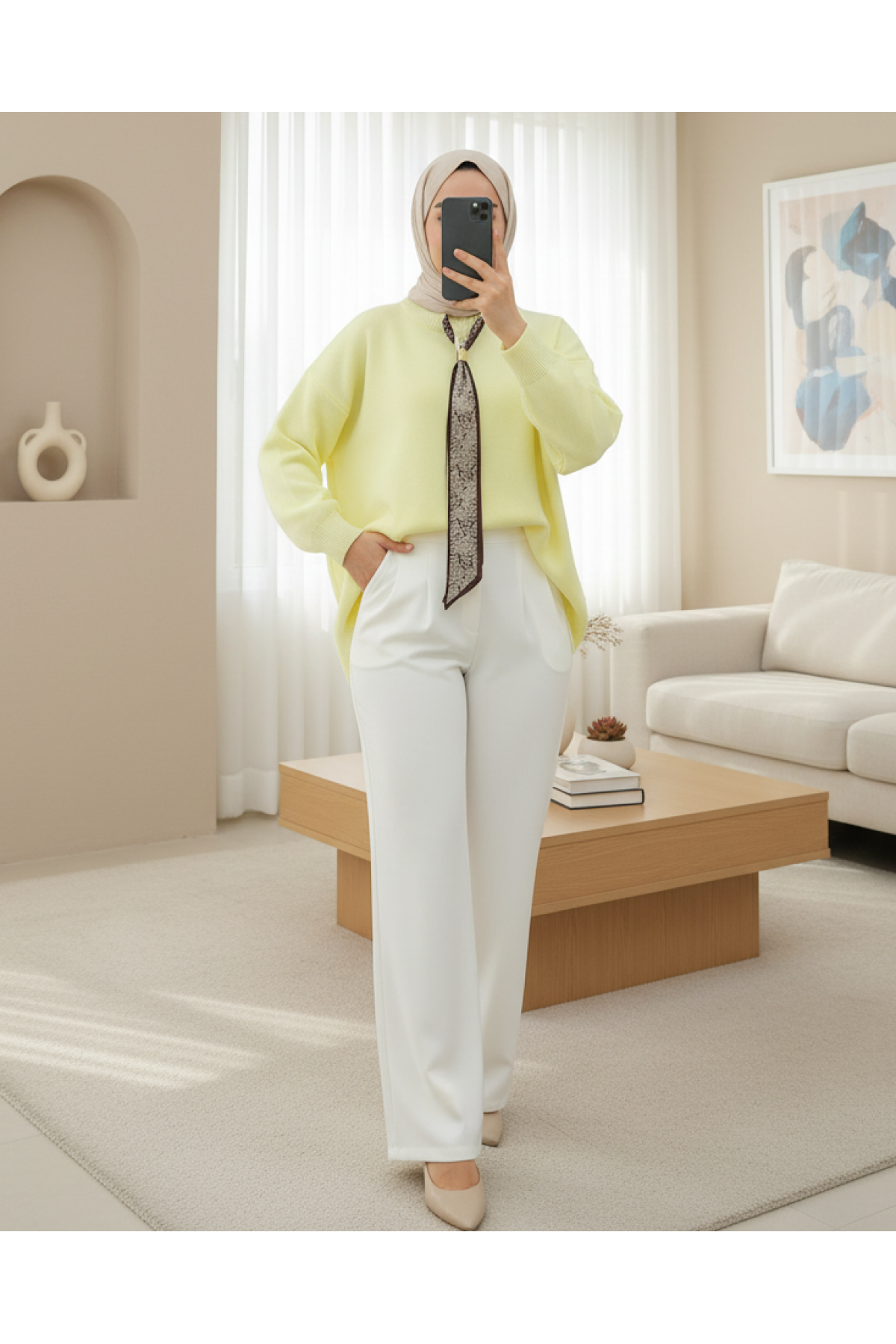 Round Neck Scarfed Casual Knit Tunic -Light yellow