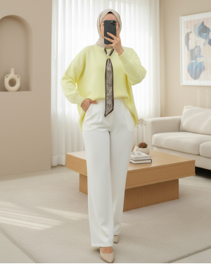 تونيك محبوك كاجوال برقبة دائرية وموشح -أصفر فاتح