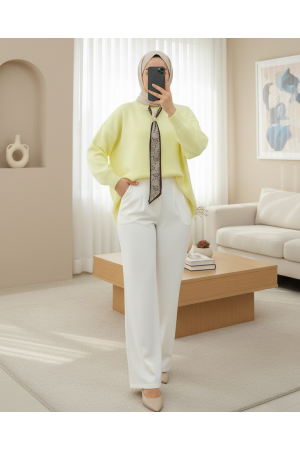 تونيك محبوك كاجوال برقبة دائرية وموشح -أصفر فاتح