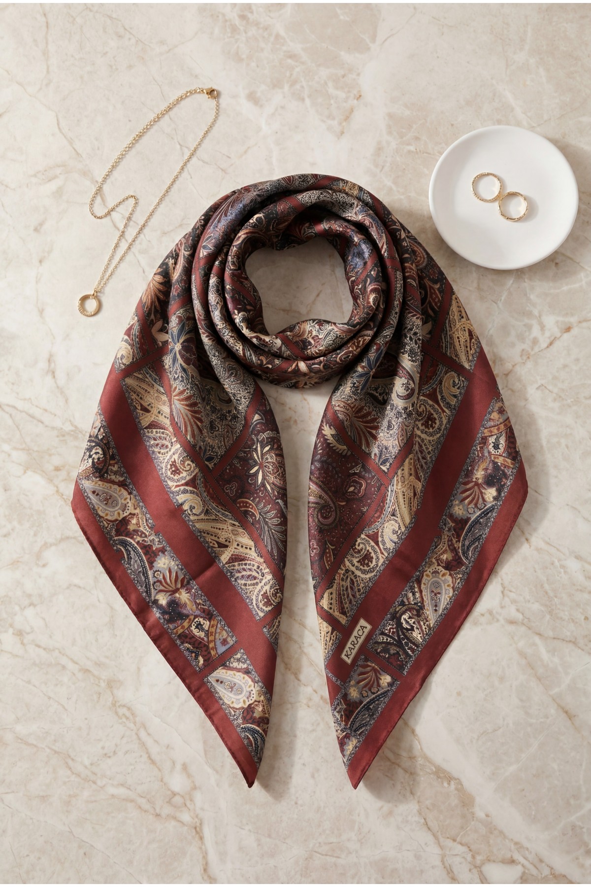 Geometric Framed Rayon Scarf -Maroon