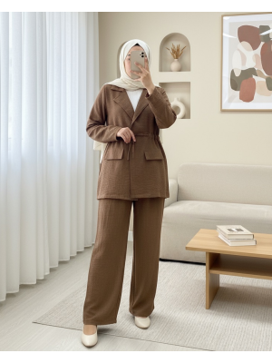 Kapaklı Tünel Köprülü Ceketli Keten Takım -Kahve