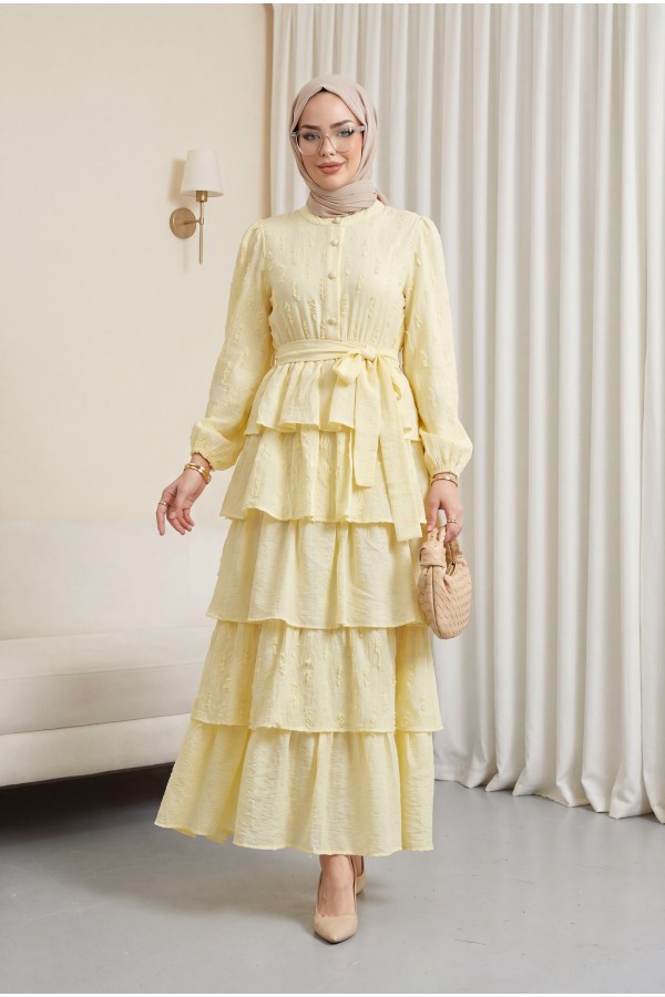 Half-buttoned, layered skirt, elasticated sleeves, belted crinkle dress -Yellow