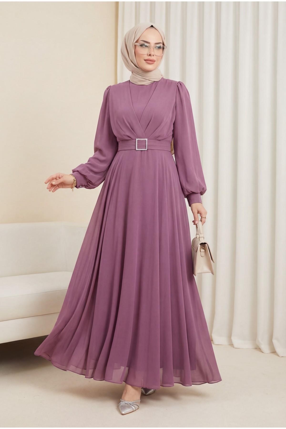 Belted Stone Front Pleated Hijab Dress  -Dried rose