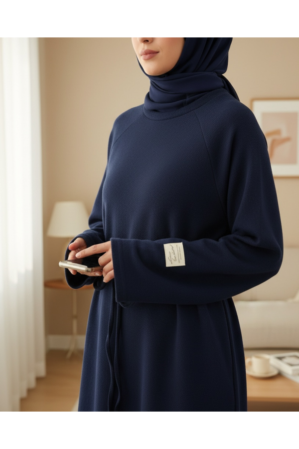 Round Neck Selanik Dress with Tie Waist -Navy blue