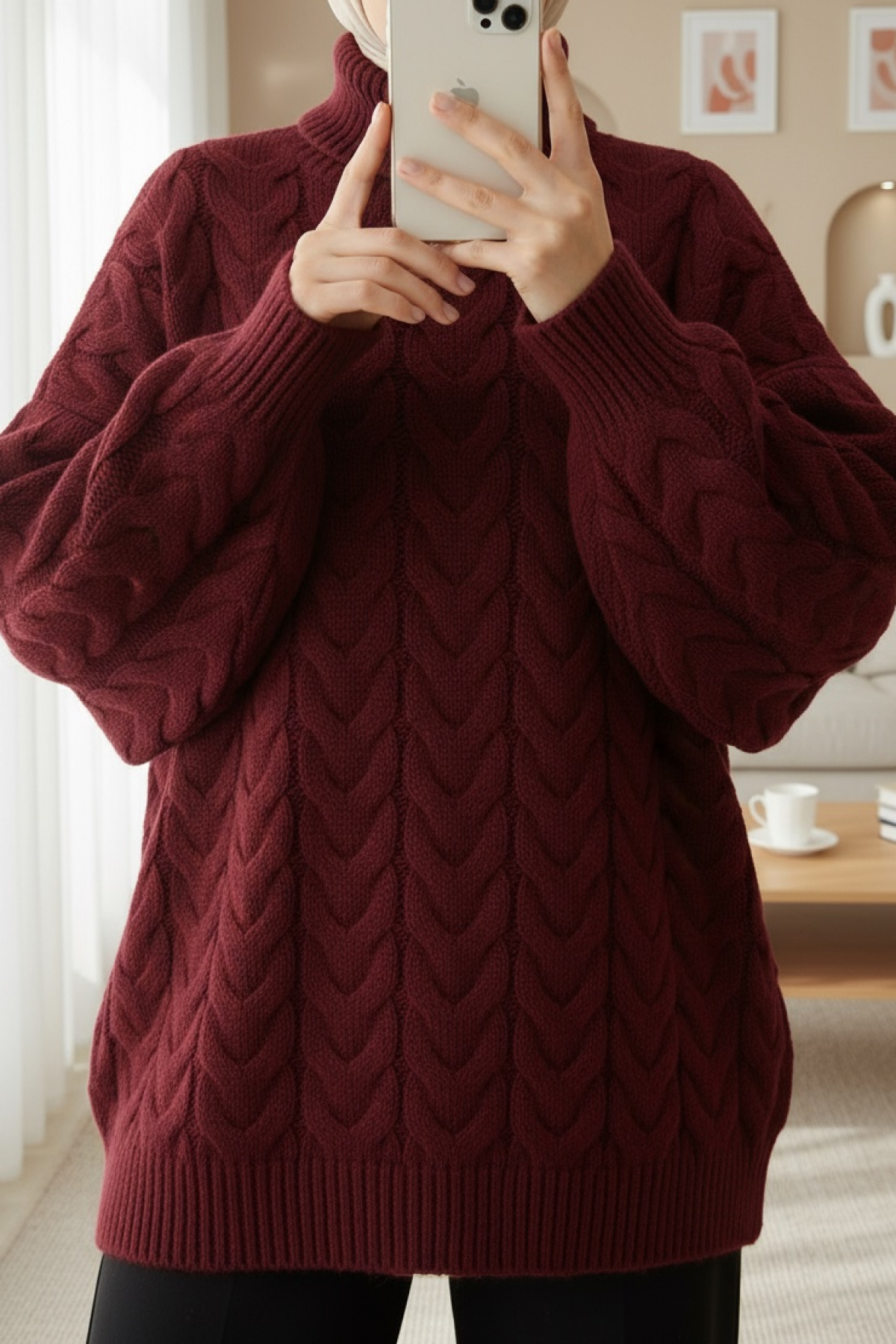 Knitted Patterned Turtleneck Sweater -Maroon