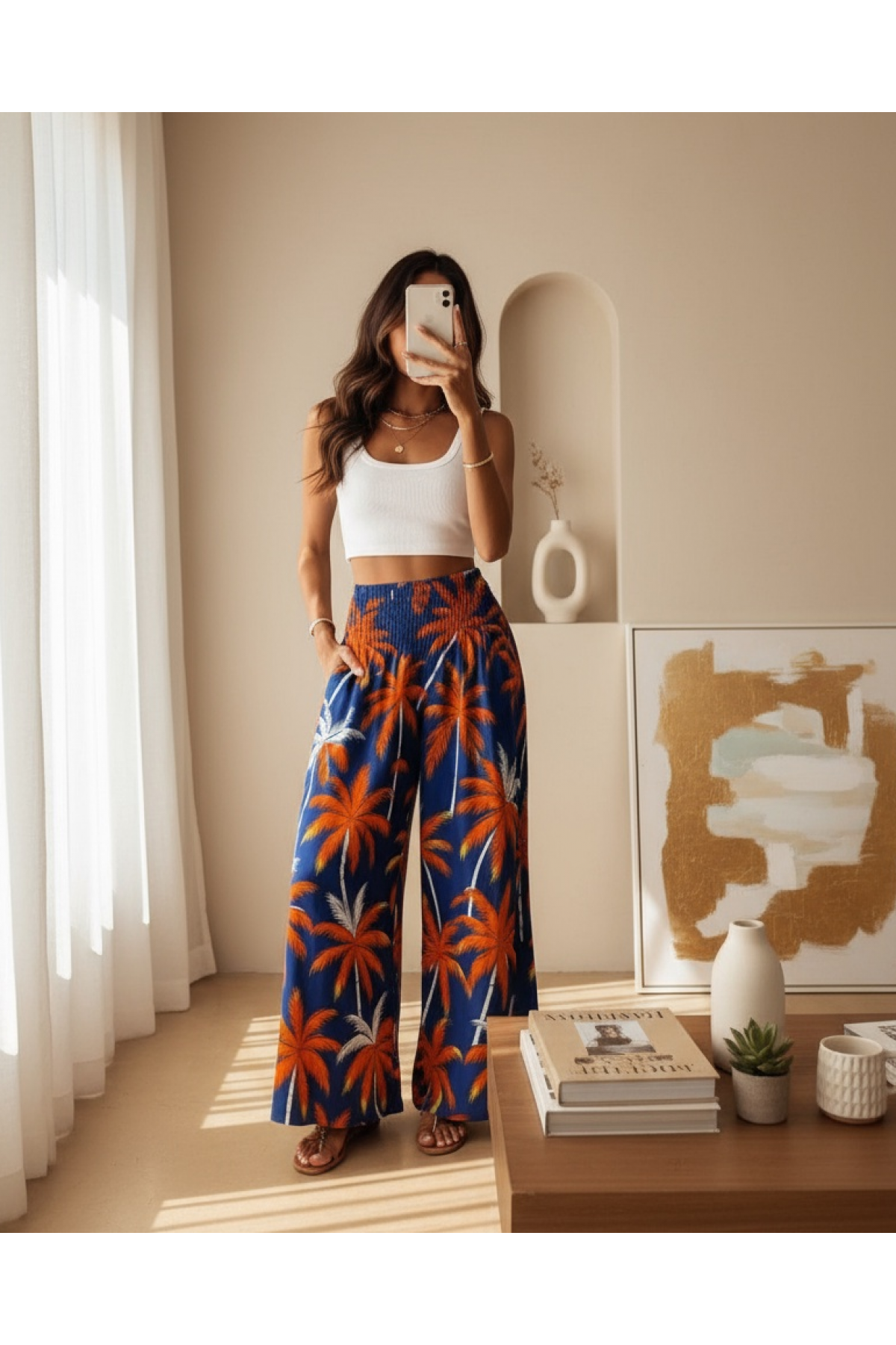 Women's High Waist Elastic Patterned Single Jersey Trousers