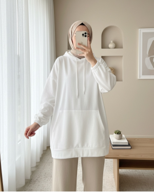  Kanguru Cepli Kapşonlu Düz Sweat  -أبيض