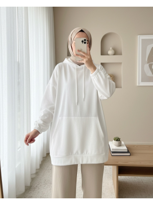  Kanguru Cepli Kapşonlu Düz Sweat  -Beyaz