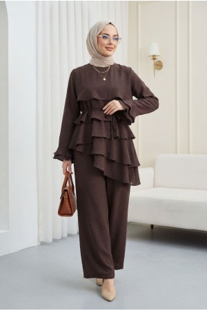 Asimetrik Kat Detaylı Bağcıklı Pantolonu Astarlı Cupra Takım  -Kahve