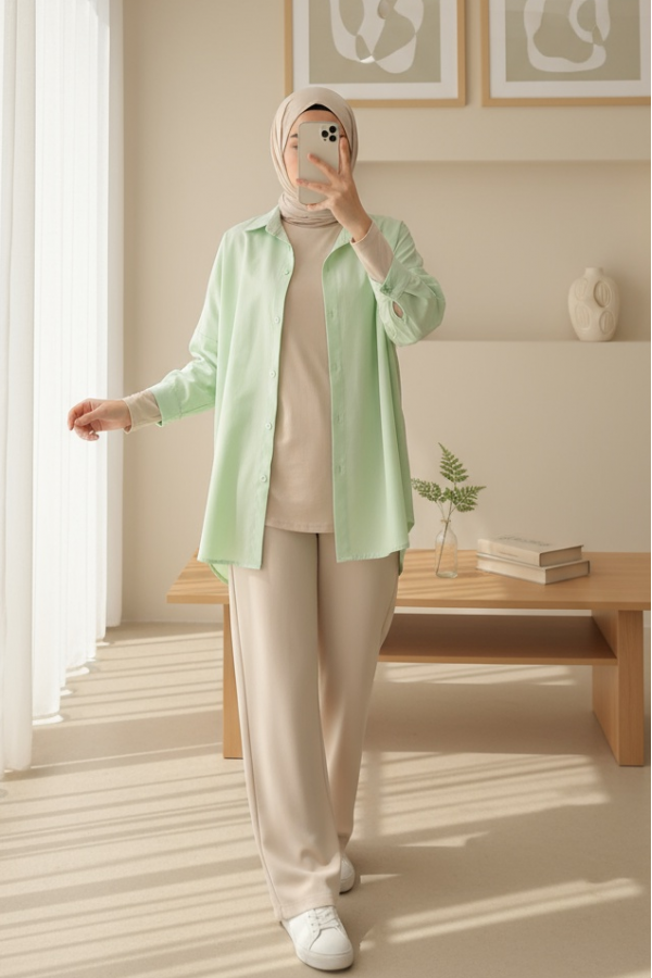 3900 Oversize Uzun Basic Gömlek - E.Yeşil
