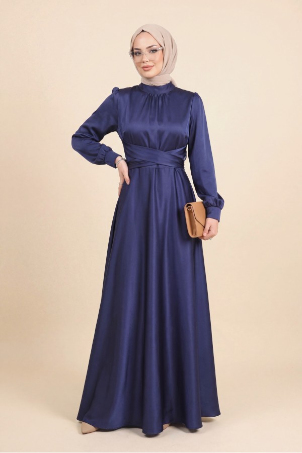 Round Neck Satin Dress with Cross-Waist Tie -Navy blue