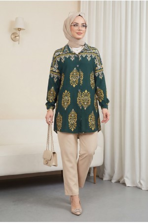 Oval Cut Buttoned Viscose Tunic -Emerald