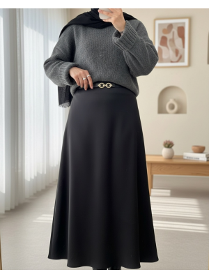 Beli Lastikli Saten Etek -Siyah