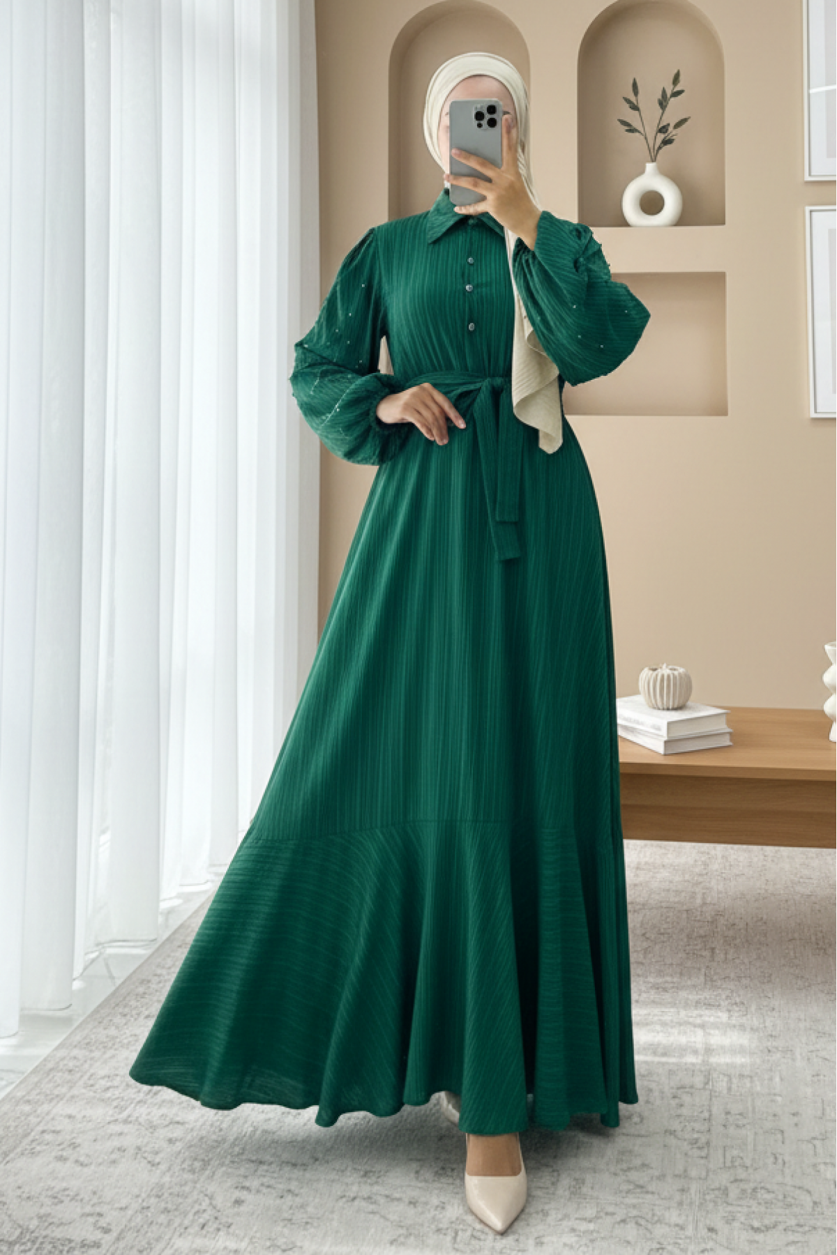 Pearl Detailed Balloon Sleeve Skirt Flounce Half Button Dress -Emerald