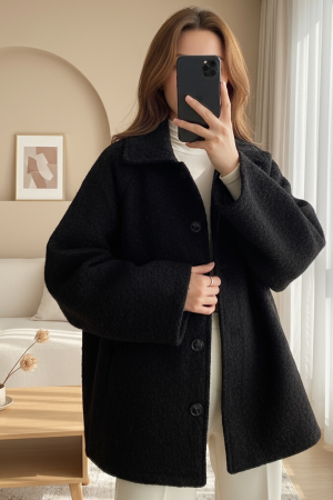 Çift Cepli Önü Düğmeli Astarlı Buklet Kaban -Siyah