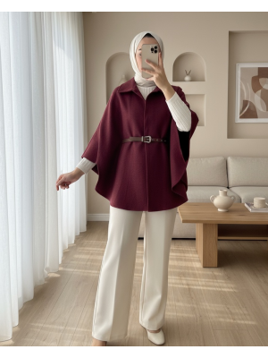 Omuzu Düğmeli Beli Kemerli Kaşe Panço -Bordo