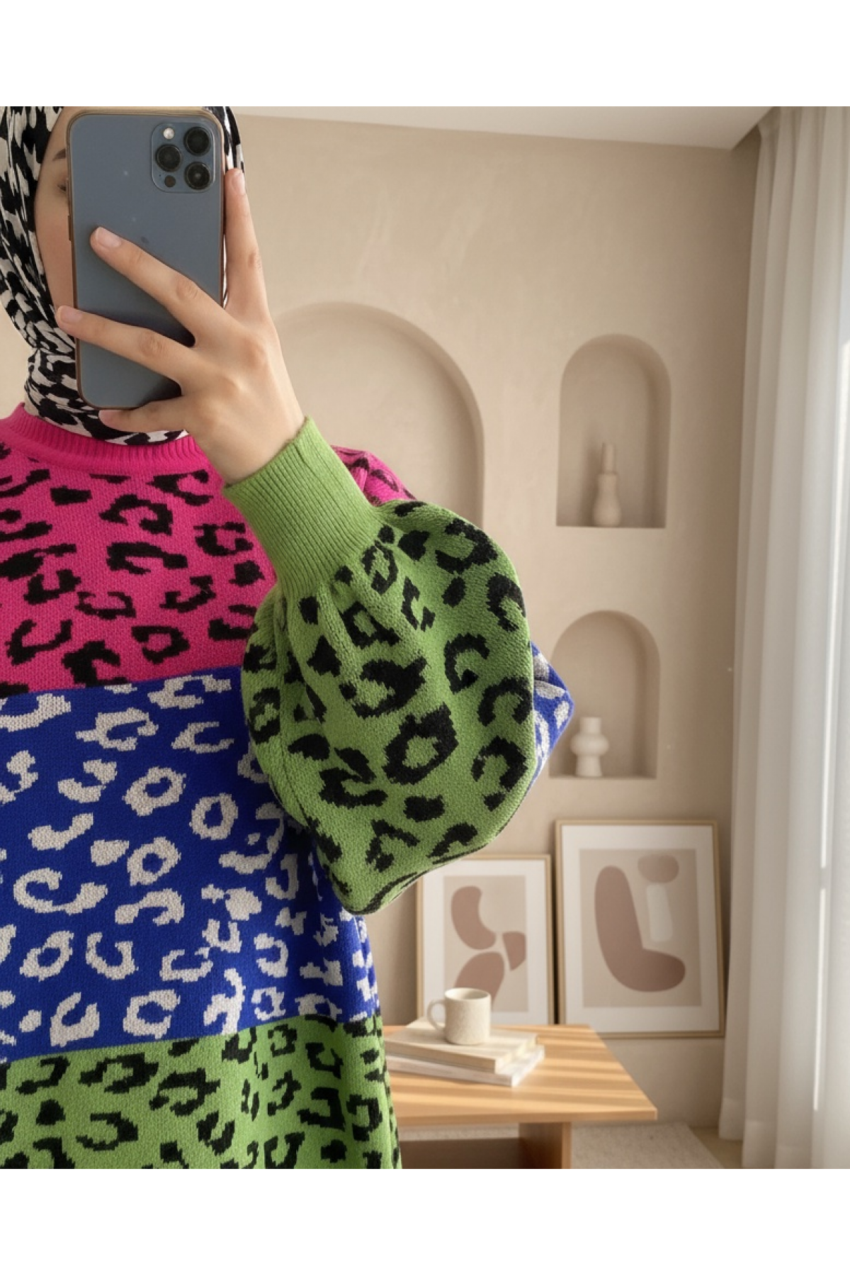 Patterned Balloon Sleeve Winter Knitwear Tunic -Fuchsia