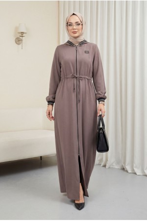 File Kapşonlu Bağlamalı Ferace Açık Kahve HM2360