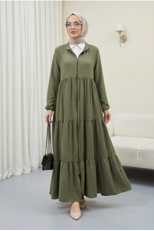 Boydan Fermuarlı Kolu Lastikli Parçalı Ayrobin Ferace -Haki