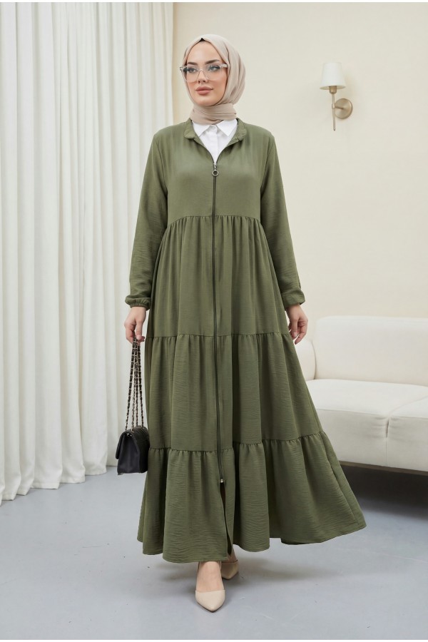Ayrobin Abaya with Elasticated Sleeves and Zipper from the Neck -Khaki