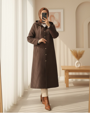 Long Quilted Coat with Chain Detail on Collar    - Soil