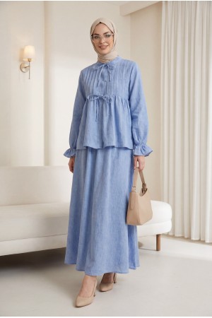 Yarım Düğmeli Kolu Lastikli Önü Bağlamalı Etekli Keten Takım -Mavi