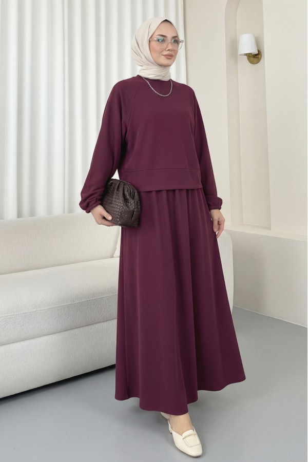 Round Neck, Batwing Sleeve, Elastic Waist Skirt Set -Maroon