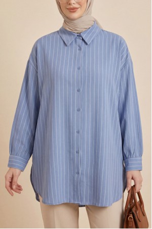 Çizgili Yırtmaçlı Salaş Linda Gömlek -Buz Mavi