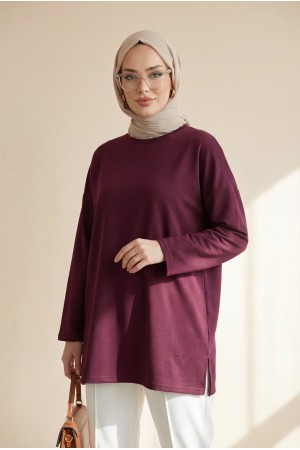 Eteği Kalp Detaylı Yırtmaçlı Salaş Penye Tunik -Mürdüm