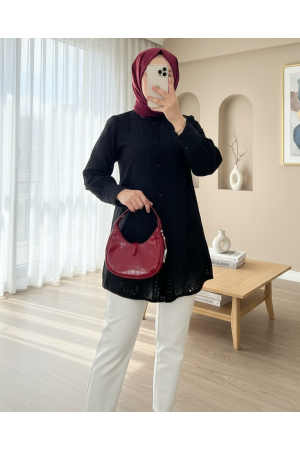 Yakası Ve Kolu Dantelli Top Düğmeli Astarlı Gömlek -Siyah